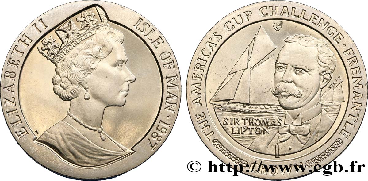 ISLE OF MAN 1 Crown America’s Cup - Fremantle - Sir Thomas Lipton et le yacht Shamrock 1987  MS 