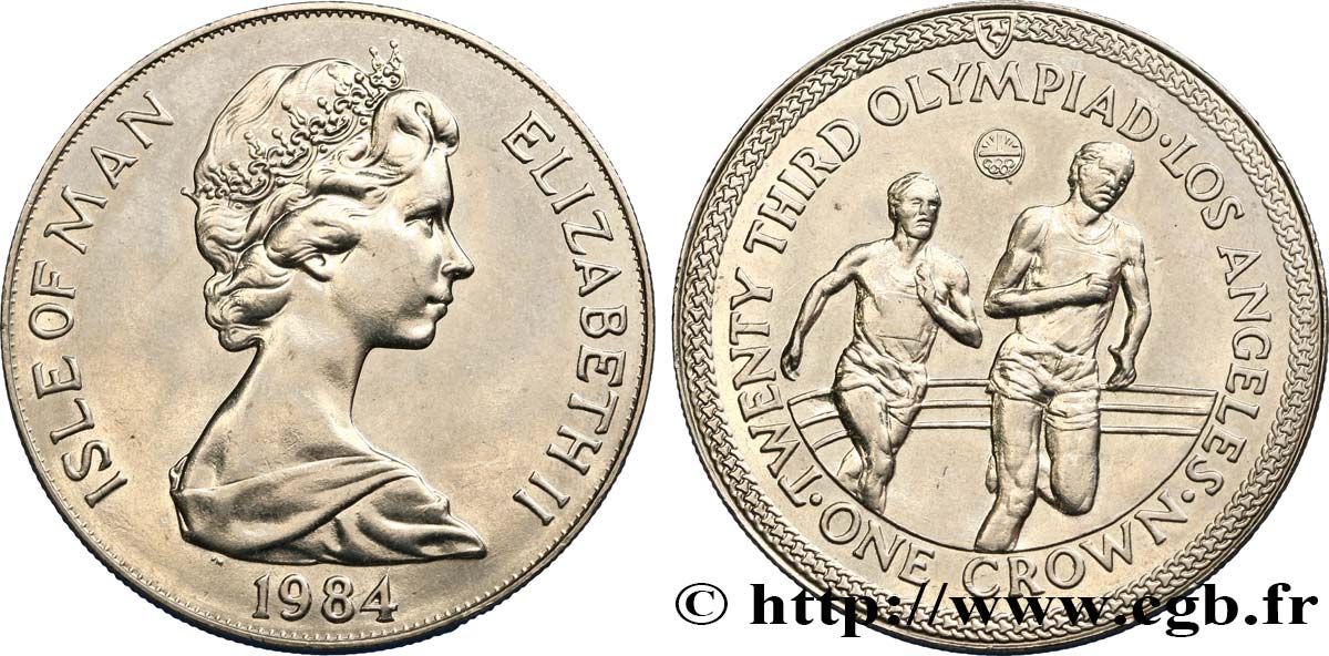 ÎLE DE MAN 1 Crown Elisabeth II J.O. de Los Angeles, course à pieds 1984  SUP 