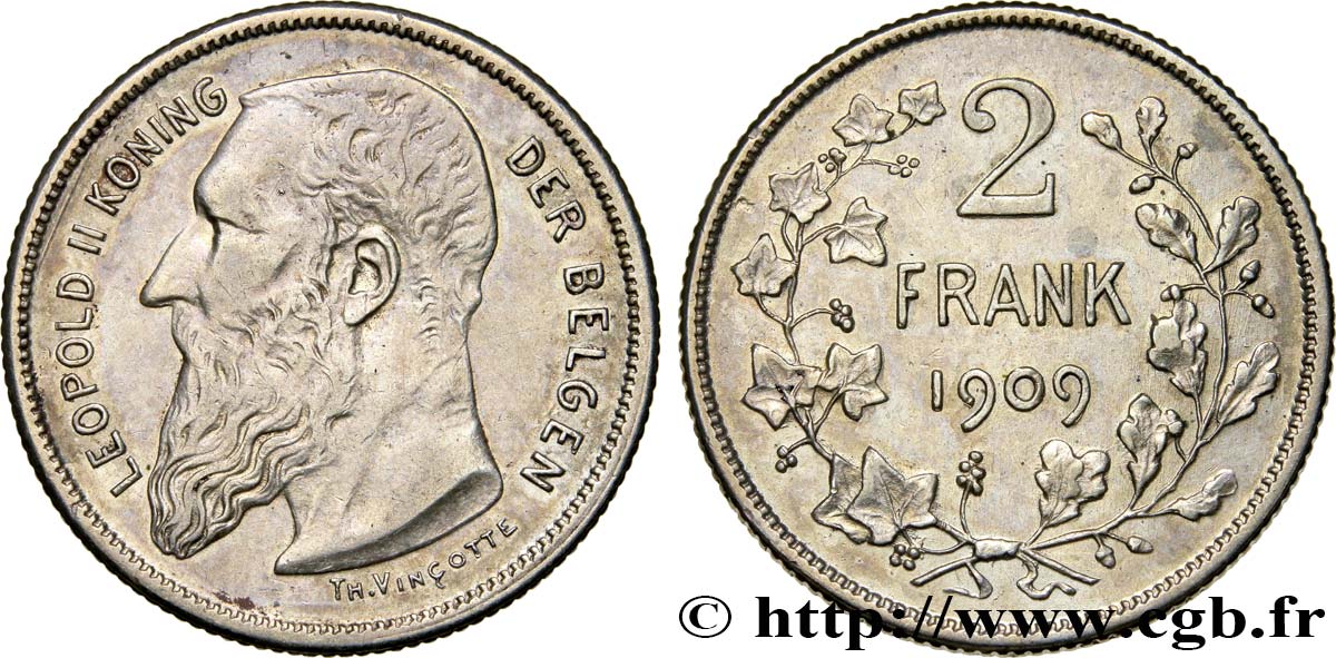 BELGIQUE 2 Francs (Frank) Léopold II légende flamande 1909  TTB 