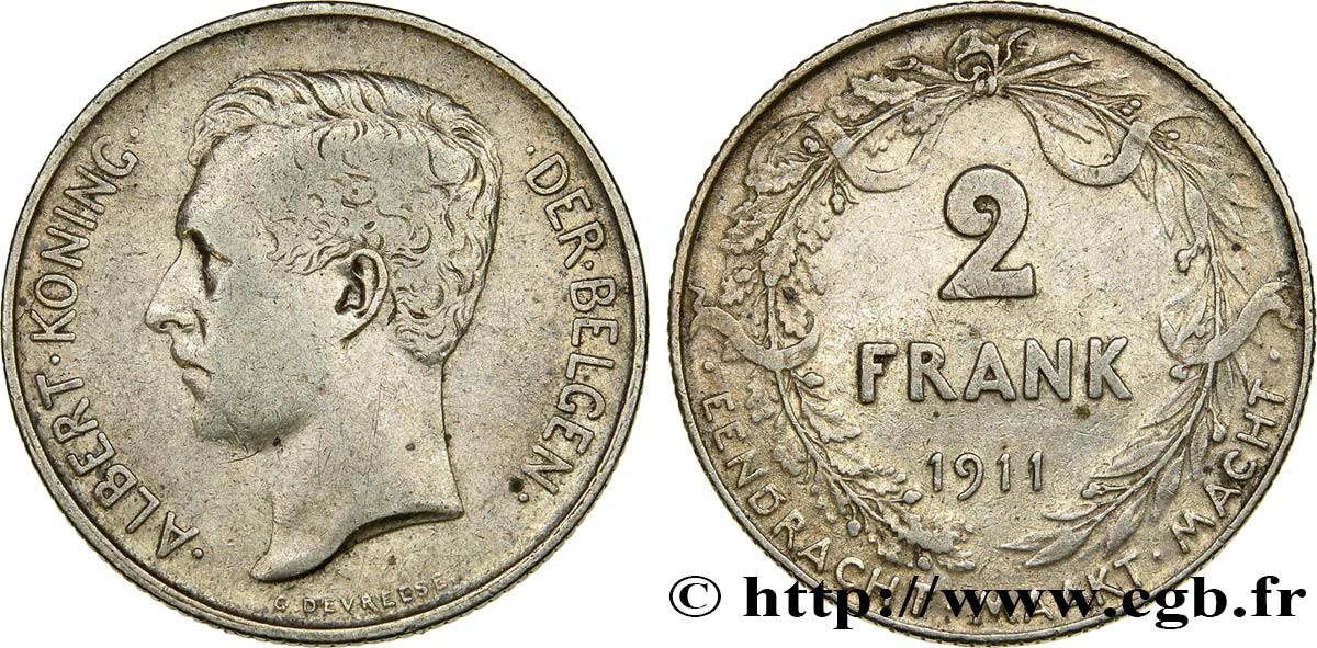 BELGIQUE 2 Francs Albert Ier légende flamande 1911 Bruxelles TB+ 