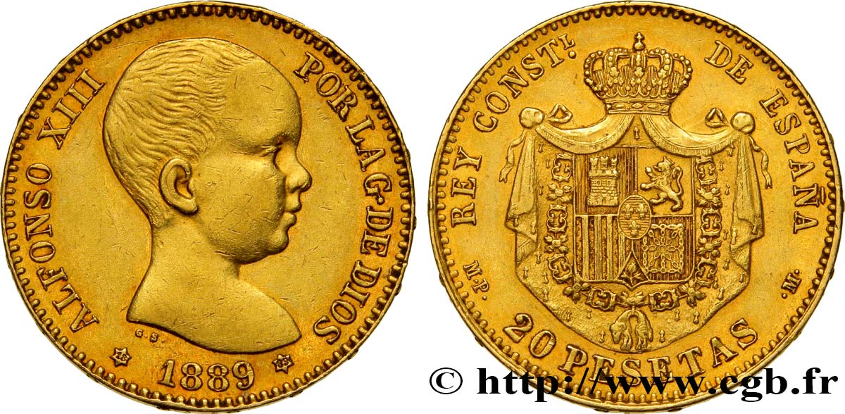 SPANIEN 20 Pesetas Alphonse XIII 1889 Madrid SS 