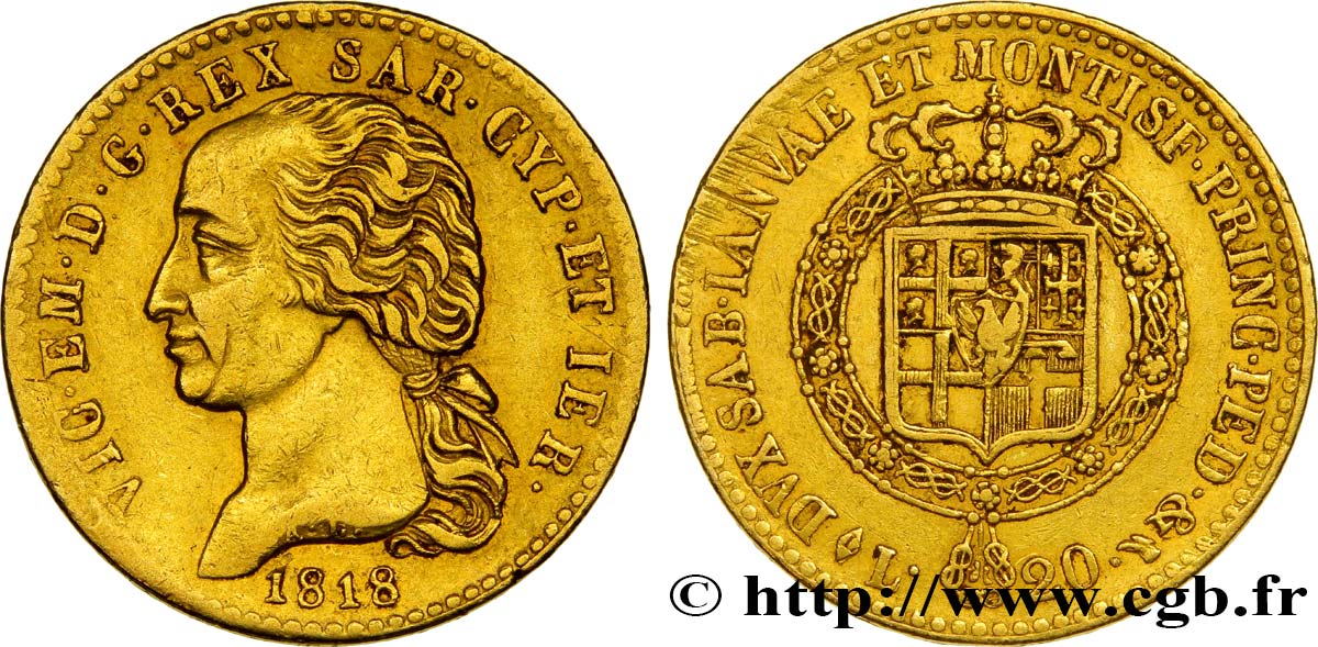 ITALY - KINGDOM OF SARDINIA 20 Lire Victor Emmanuel  1818 Turin XF 