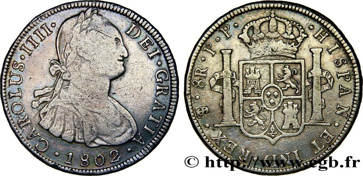 BOLIVIA 8 Reales Charles IIII 1802 Potosi BC+ 
