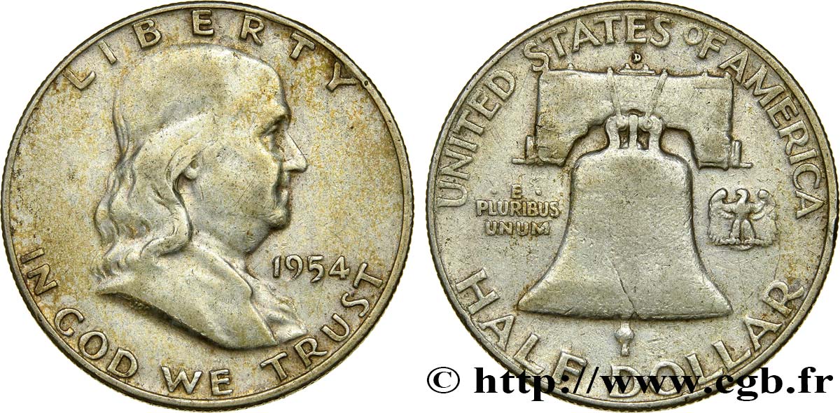 ÉTATS-UNIS D AMÉRIQUE 1/2 Dollar Benjamin Franklin 1954 Denver TB+ 