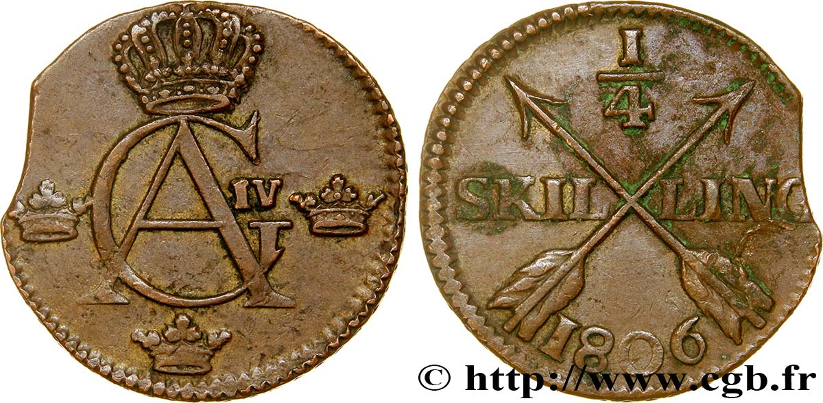 SUECIA 1/4 Skilling monogramme du roi Gustave IV Adolphe 1806  BC+ 