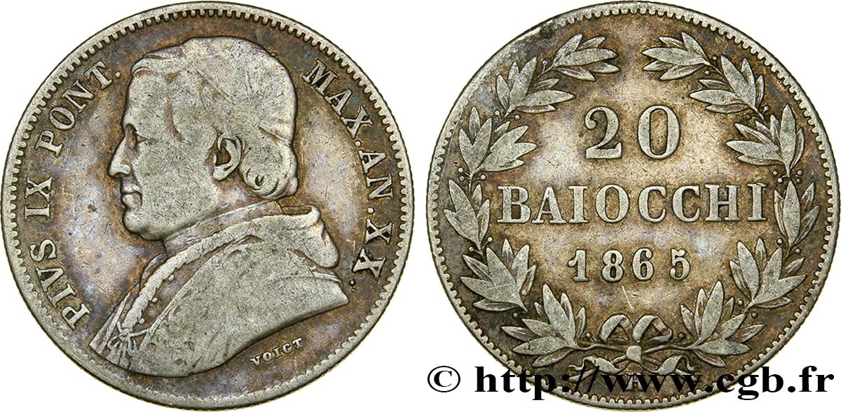 VATICAN ET ÉTATS PONTIFICAUX 20 Baiocchi Pie IX an XX 1865 Rome TB+ 