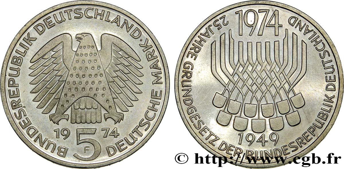 GERMANY 5 Mark (Proof) / 25e anniversaire de la République Fédérale 1974 Stuttgart MS 