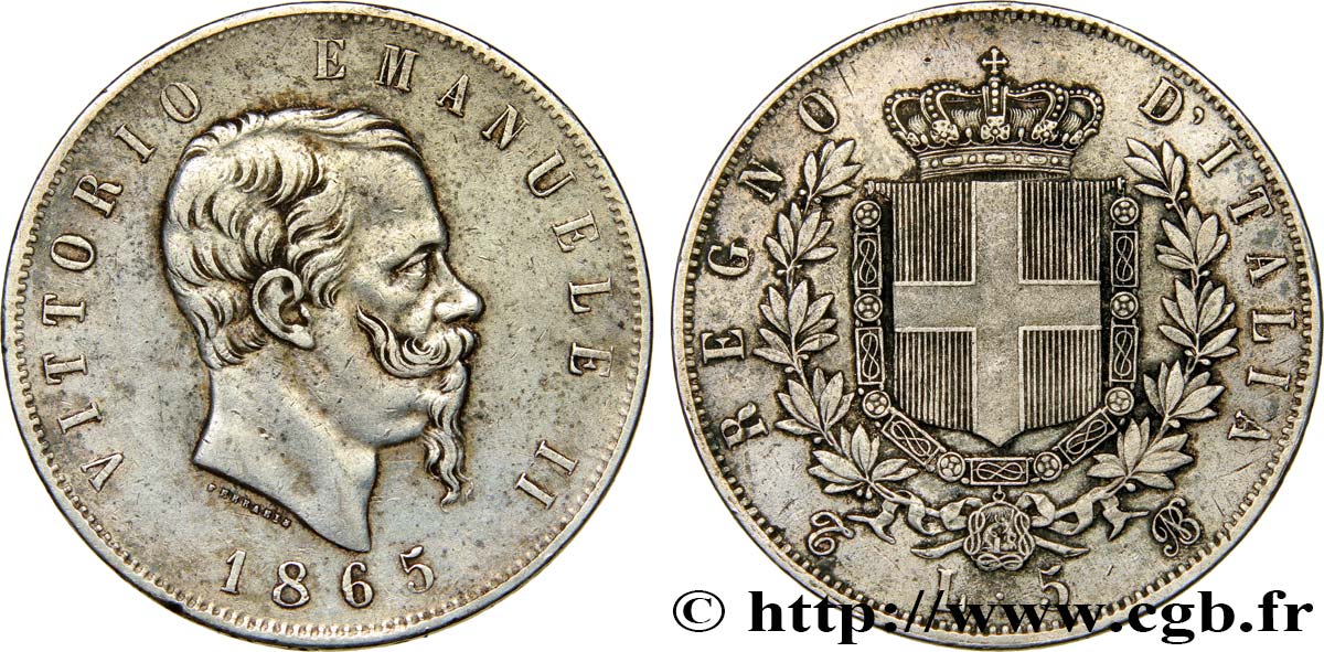 ITALY - KINGDOM OF ITALY - VICTOR-EMMANUEL II 5 Lire 1865 Turin XF 