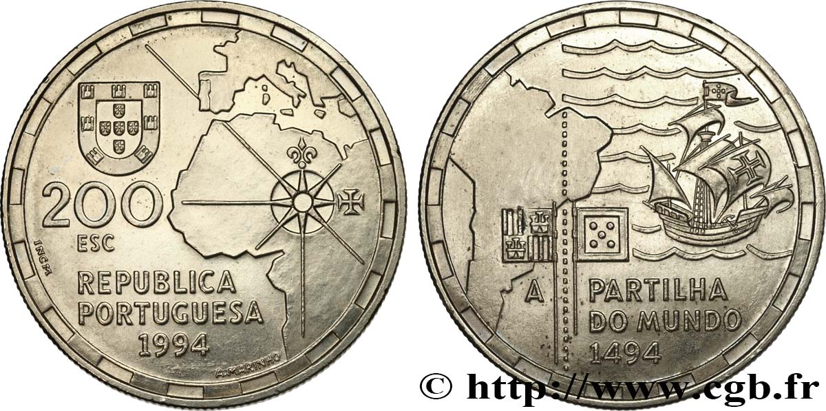 PORTOGALLO 200 Escudos la partition du Monde en 1494 1994  MS 