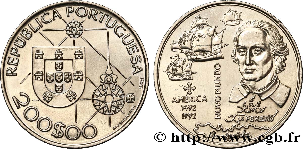 PORTOGALLO 200 Escudos 500e anniversaire découverte de l’Amérique, Colomb et ses navires 1992 Lisbonne SPL 