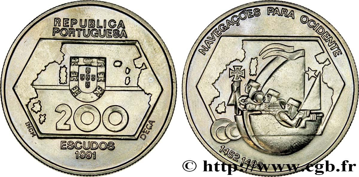 PORTUGAL 200 Escudos Navigation vers l’ouest, navire stylisé 1991 Lisbonne VZ 