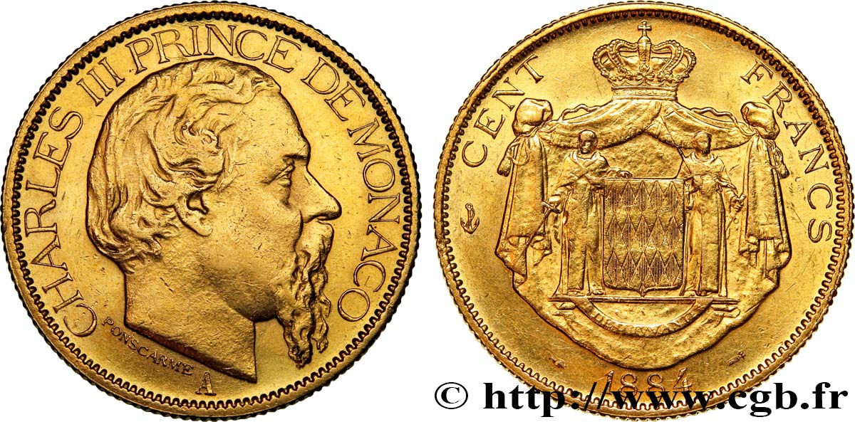 MONACO 100 Francs or Charles III 1884 Paris MBC 