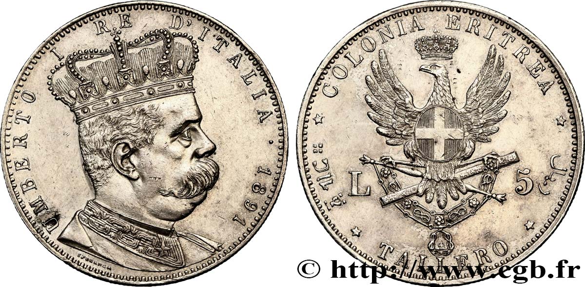 ERITREA - KINGDOM OF ITALY - UMBERTO I Tallero ou 5 Lire 1891 Rome AU/AU 