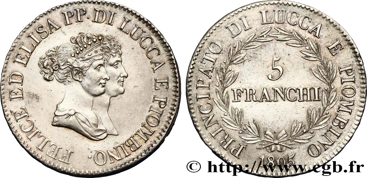 ITALIA - PRINCIPADO DE LUCCA Y PIOMBINO - FELICE BACCIOCHI Y ELISA BONAPARTE 5 Franchi - Moyens bustes 1805 Florence EBC 