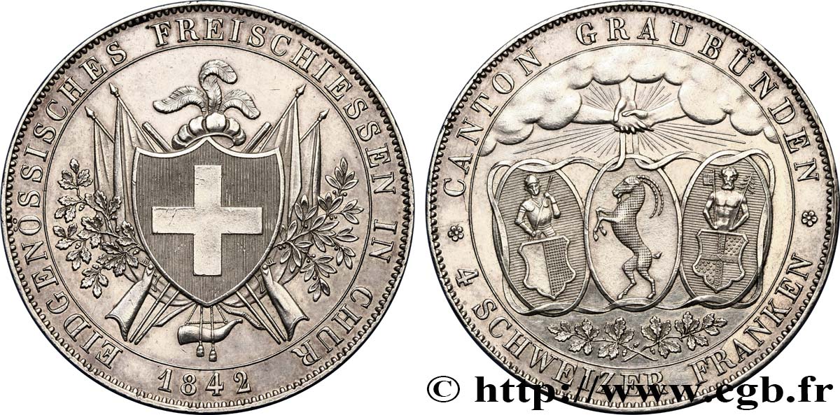 SUIZA - CANTÓN DE LOS GRISONES 4 Franken 1842  EBC 