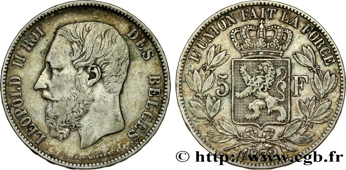 BELGIQUE 5 Francs Léopold II 1872  TB+ 