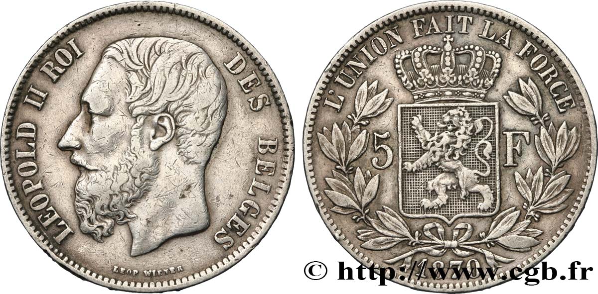 BELGIQUE 5 Francs Léopold II 1870  TB+ 