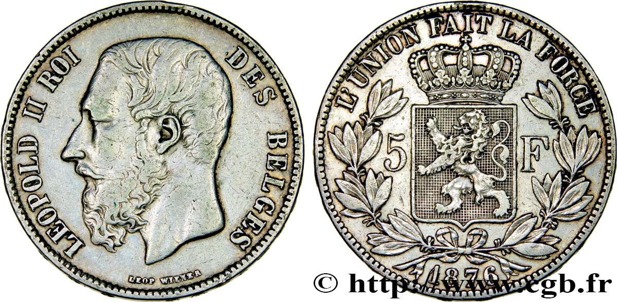 BELGIUM 5 Francs Léopold II 1876  XF 