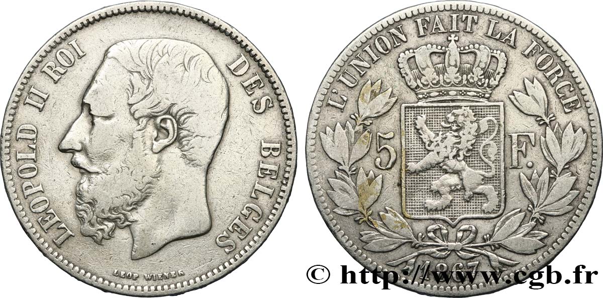 BELGIUM 5 Francs Léopold II / écu couronné variété “F” avec point 1867  VF 