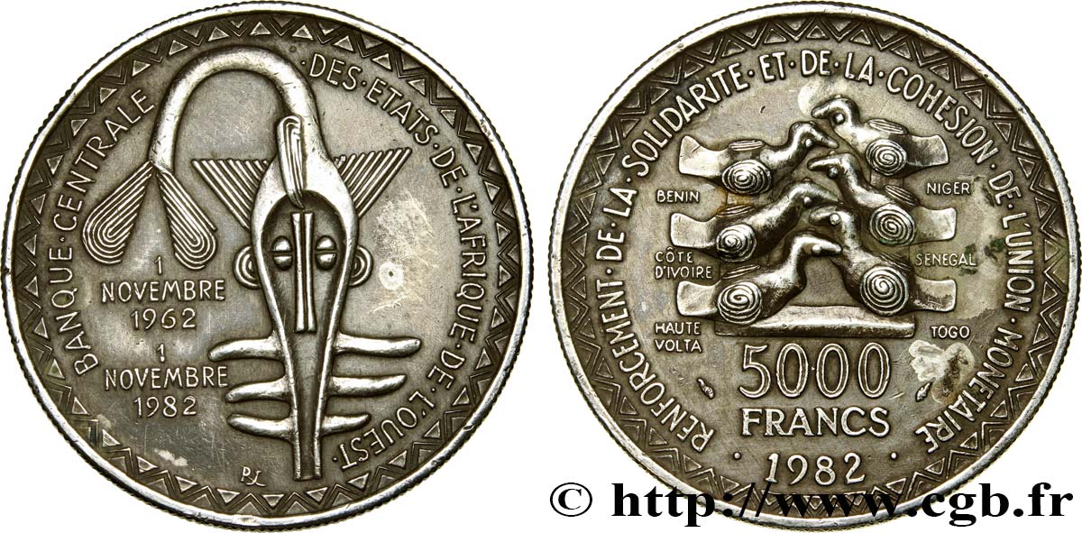 ÉTATS DE L AFRIQUE DE L OUEST (BCEAO) 5000 Francs masque 20e anniversaire de l’Union Monétaire 1982  TTB 