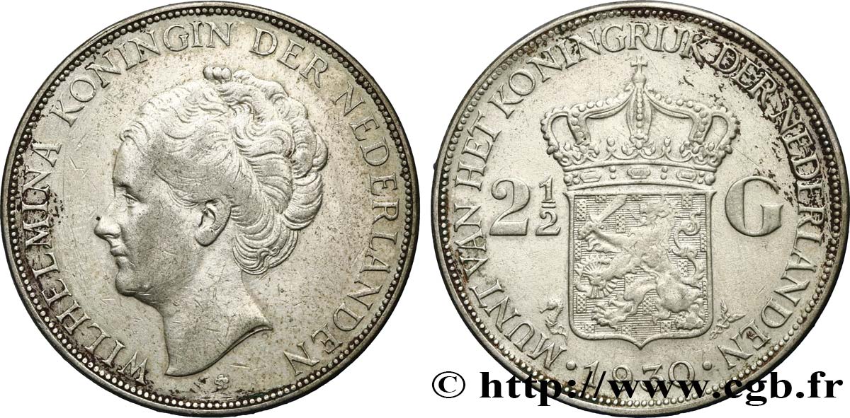 NETHERLANDS 2 1/2 Gulden Wilhelmina 1930  XF 