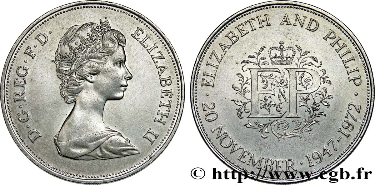 ROYAUME-UNI 25 New Pence (1 Crown) 25e anniversaire de mariage d’Elisabeth II 1972  SUP 