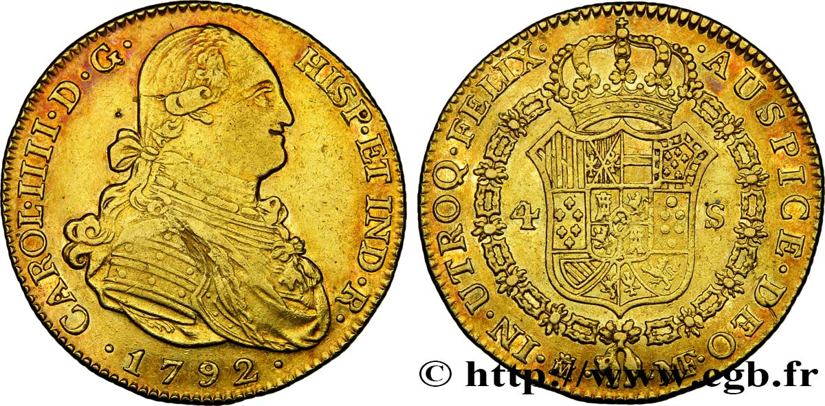 ESPAÑA - REINO DE ESPAÑA - CARLOS IV 4 Escudos 1792 Madrid MBC 