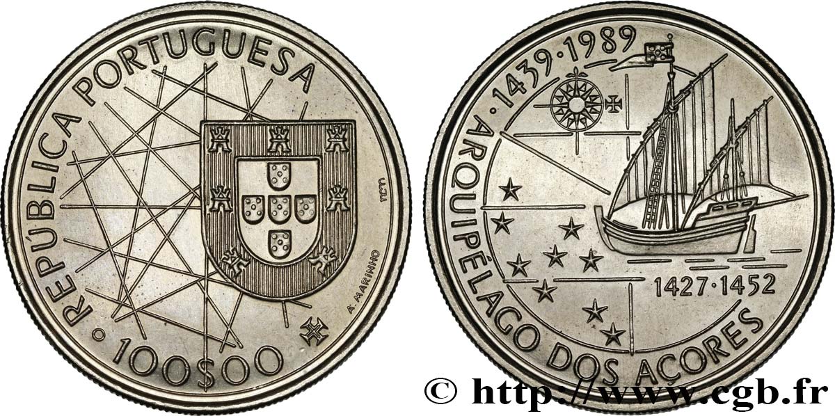 PORTUGAL 100 Escudos découverte des Açores 1989  SC 