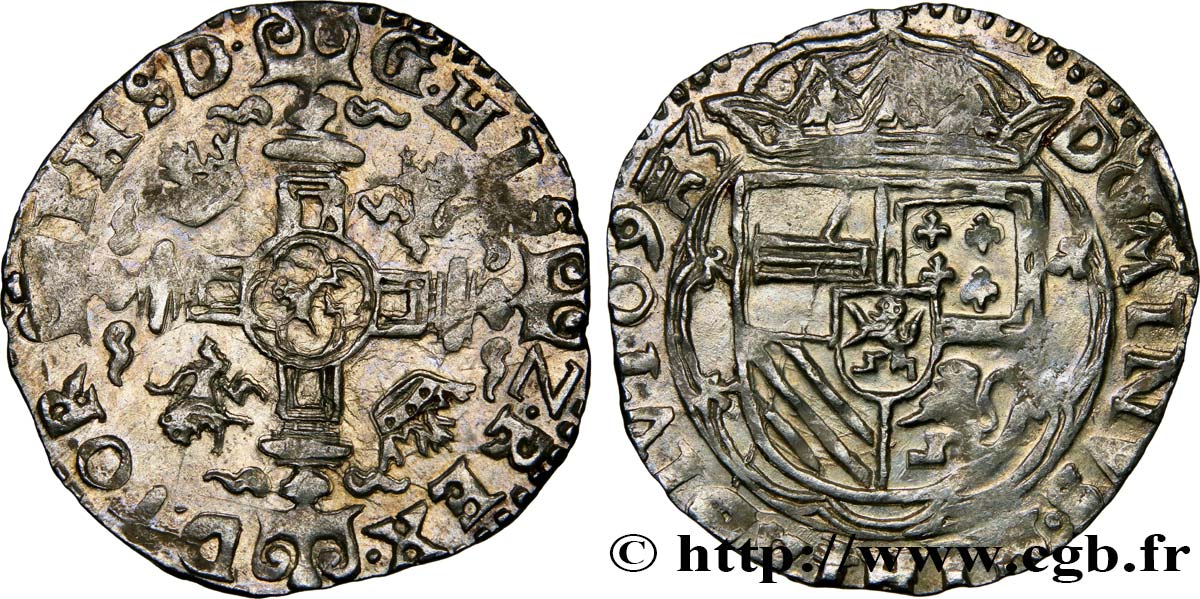 SPANISH NETHERLANDS - TOURNAI - PHILIP II OF SPAIN Double patard 1593 Tournai AU/AU 