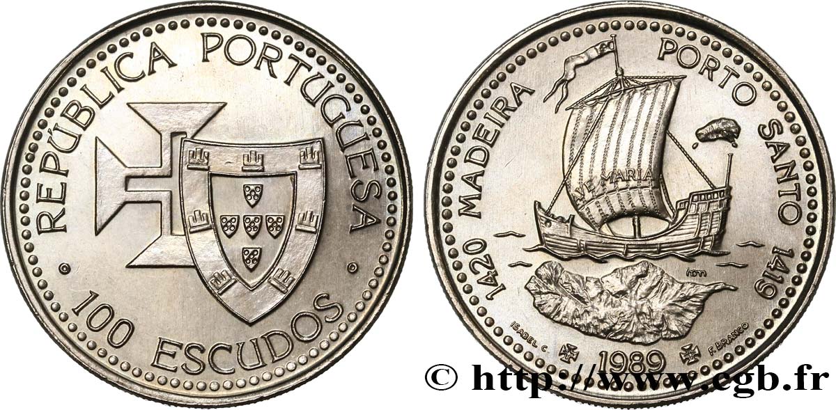 PORTUGAL 100 Escudos Découvertes Portugaises de Madère 1420 et Porto Santo 1419 1989  SPL 