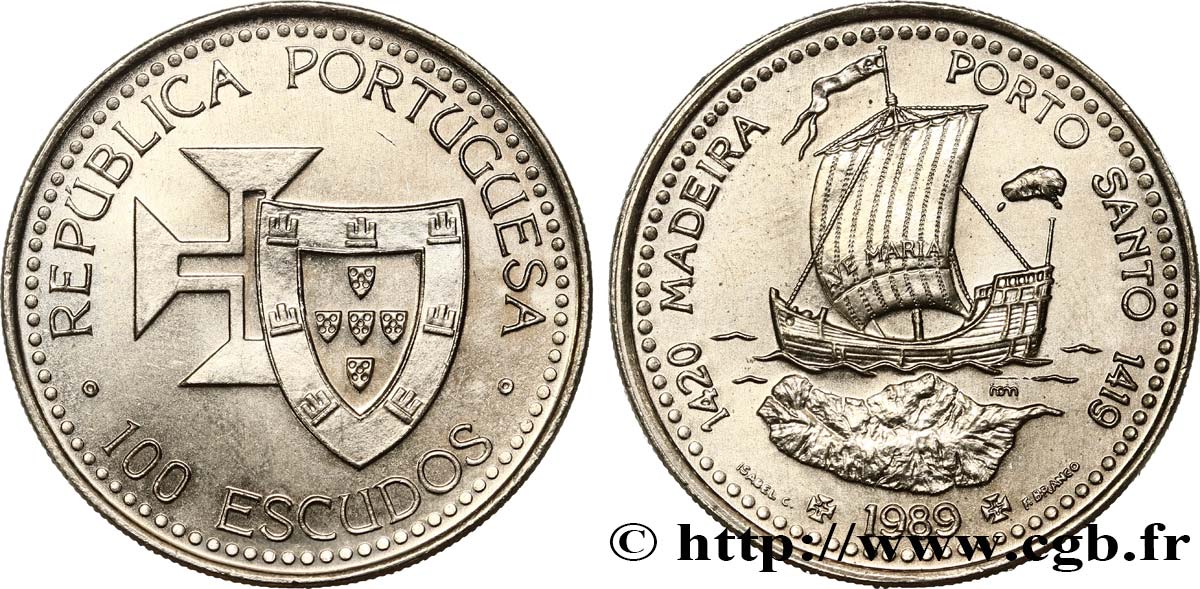 PORTUGAL 100 Escudos Découvertes Portugaises de Madère 1420 et Porto Santo 1419 1989  MS 