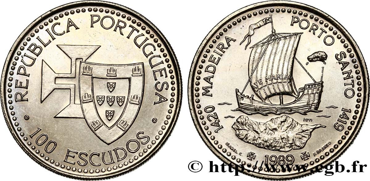 PORTUGAL 100 Escudos Découvertes Portugaises de Madère 1420 et Porto Santo 1419 1989  SPL 