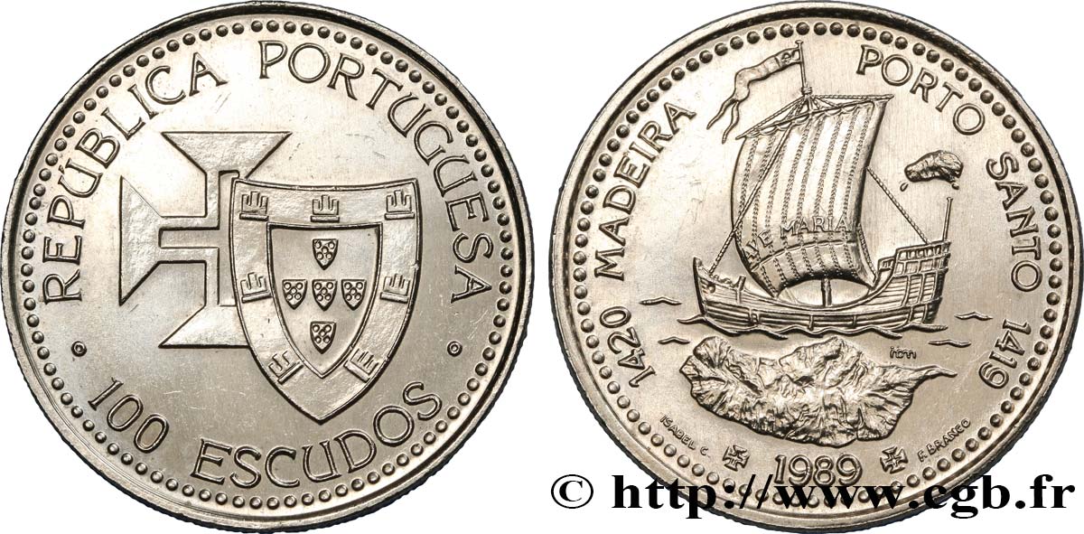 PORTUGAL 100 Escudos Découvertes Portugaises de Madère 1420 et Porto Santo 1419 1989  SC 