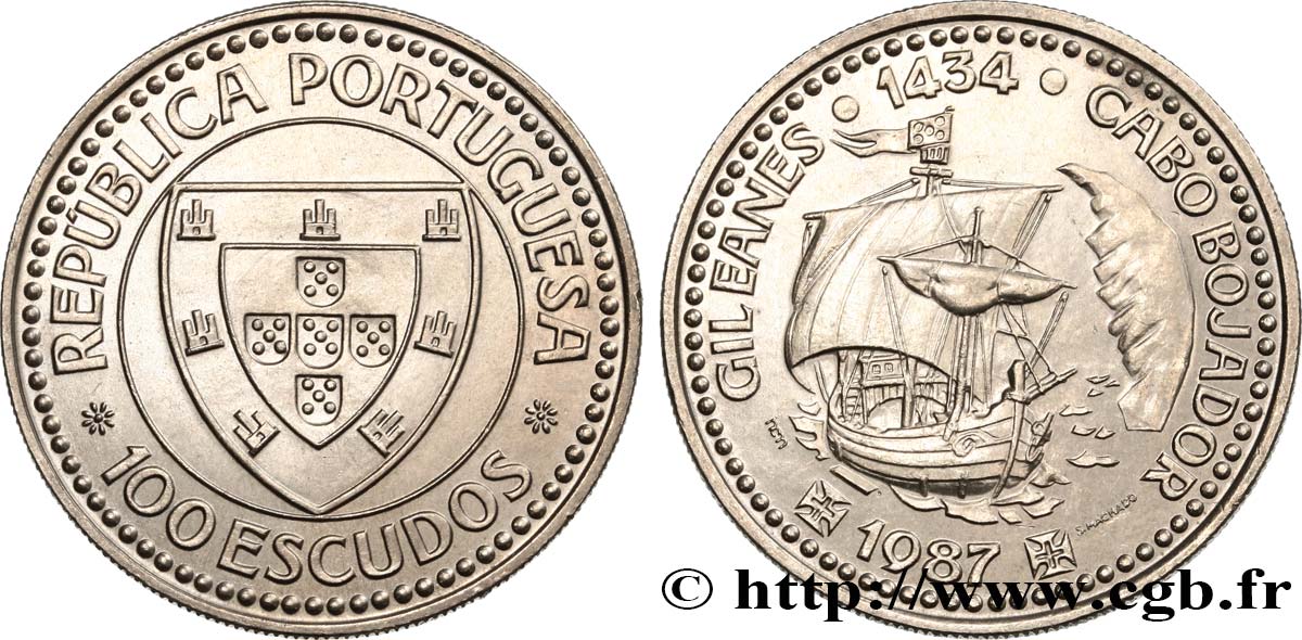 PORTOGALLO 100 Escudos Découverte du Cap Bojador en 1434 par Gil Eanes, voilier 1987  MS 