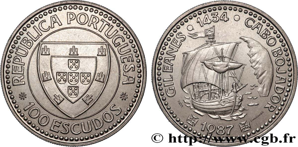 PORTOGALLO 100 Escudos Découverte du Cap Bojador en 1434 par Gil Eanes, voilier 1987  SPL 