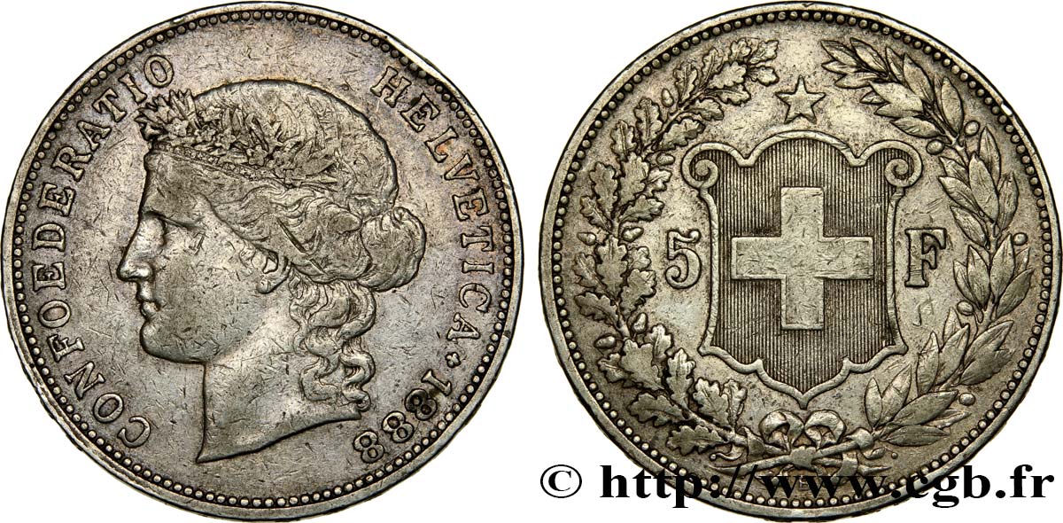 SUISSE 5 Francs Helvetia buste 1888 Berne TB+ 