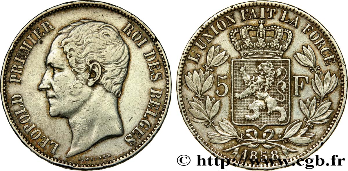 BELGIQUE 5 Francs Léopold Ier tête nue 1858  TTB/TTB+ 