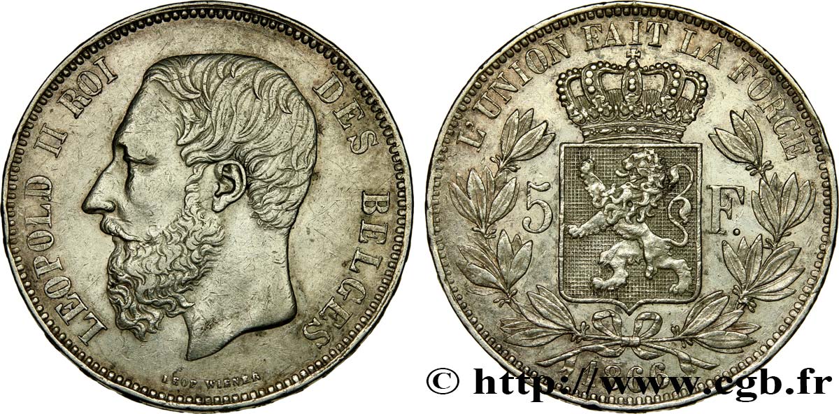 BÉLGICA 5 Francs Léopold II 1866  BC+/MBC 