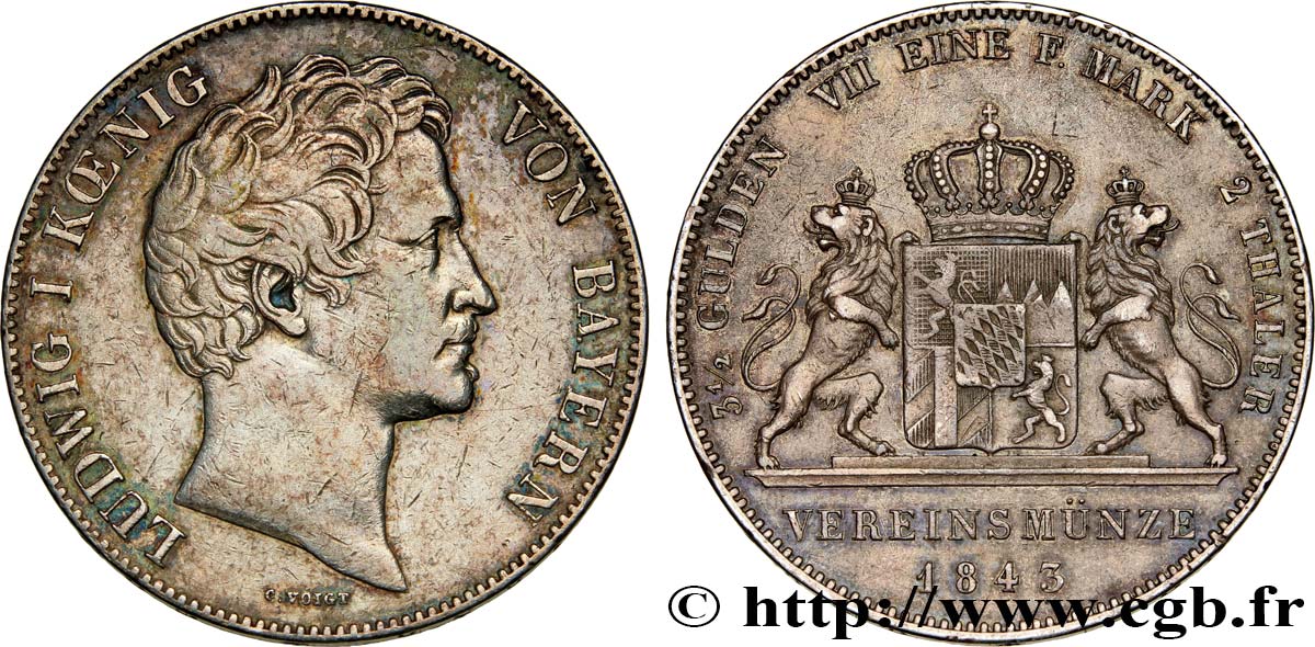 GERMANY - KINGDOM OF BAVARIA - LUDWIG I Double Thaler ou 3 1/2 Florins 1843 Münich XF/AU 