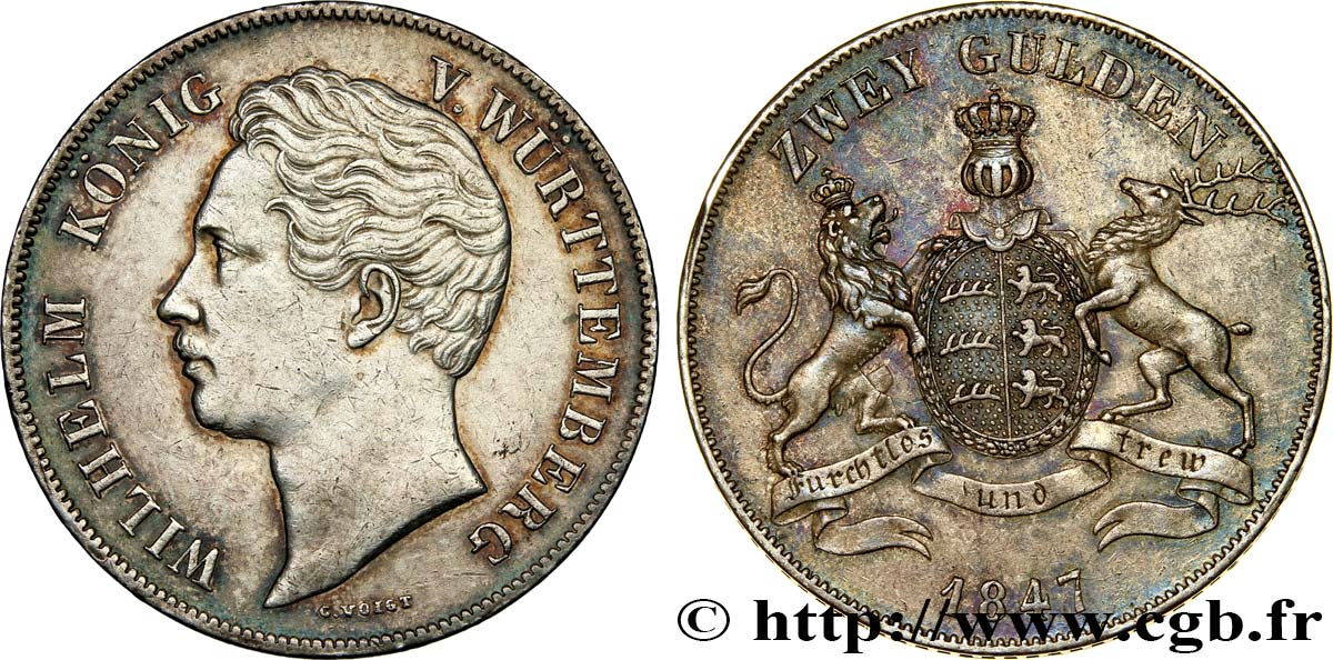 GERMANY - WÜRTTEMBERG 2 Gulden Guillaume Ier 1847 Stuttgart AU 