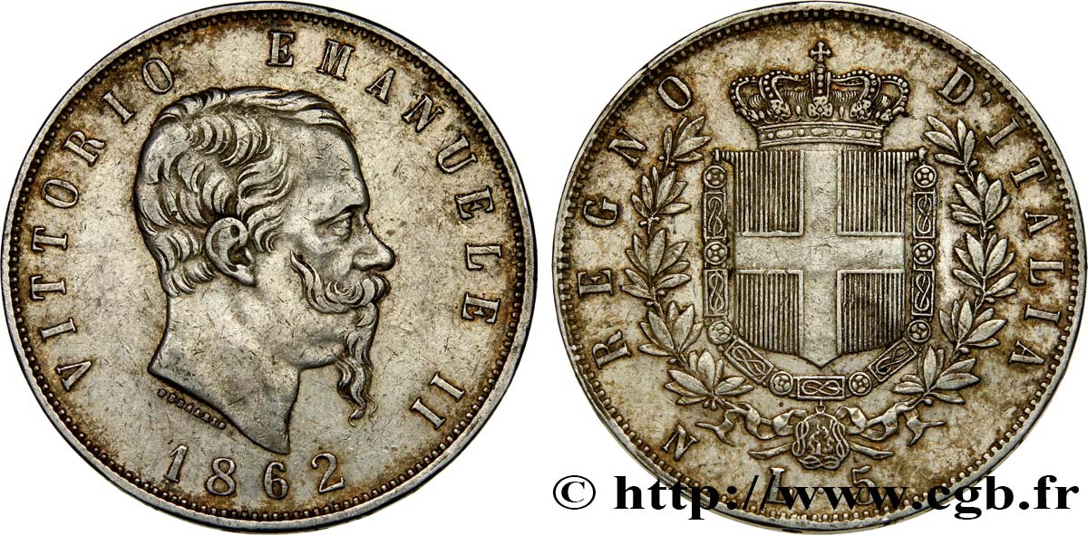 ITALY - KINGDOM OF ITALY - VICTOR-EMMANUEL II 5 Lire 1862 Naples XF 