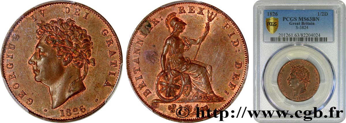 GRAN BRETAGNA - GIORGIO IV 1/2 Penny Georges IV 1826  MS63 PCGS