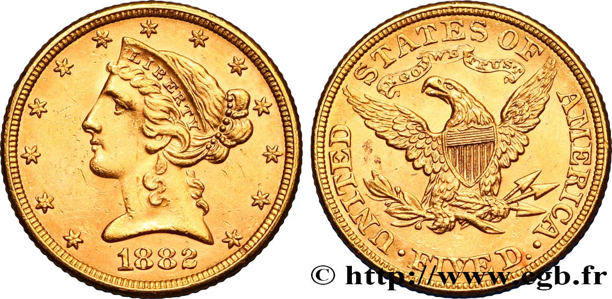 STATI UNITI D AMERICA 5 Dollars  Liberty  1882 Philadelphie SPL 