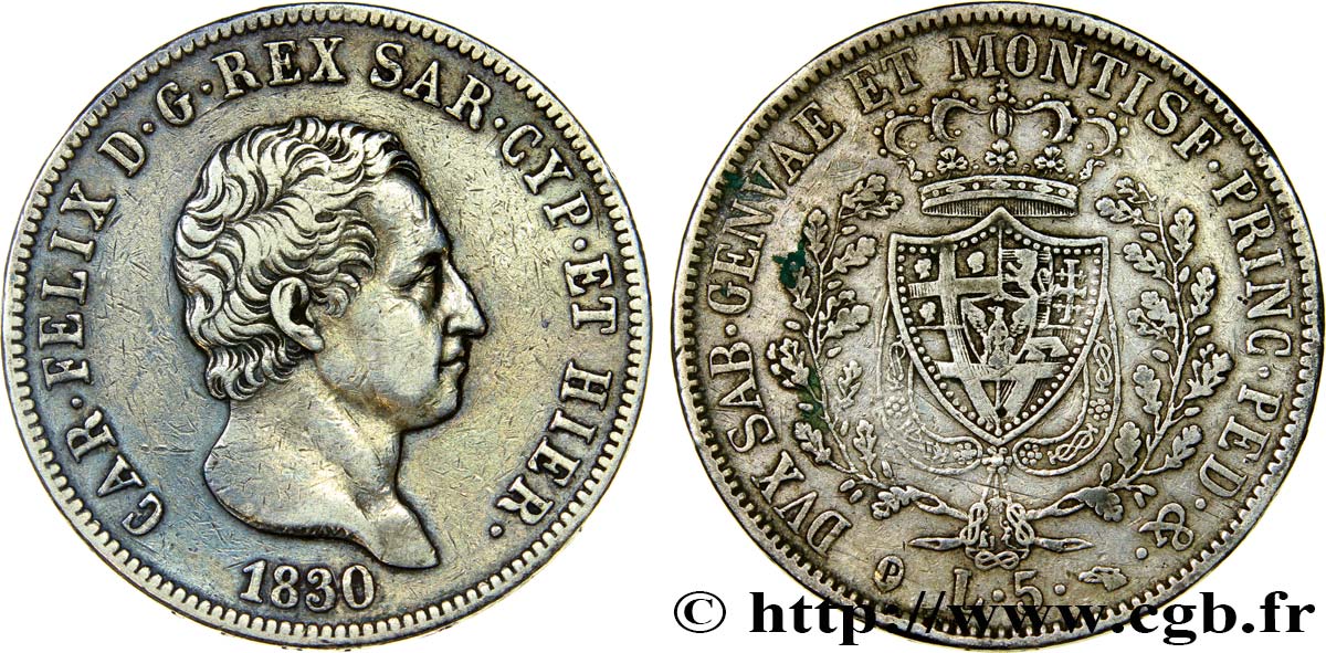 ITALY - KINGDOM OF SARDINIA 5 Lire Charles Félix 1830 Gênes XF 