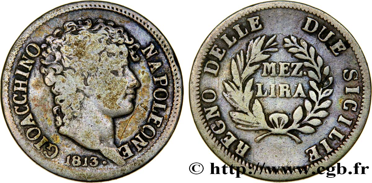 ITALIA - REINO DE NÁPOLES - JOAQUÍM MURAT Mezza lira 1813 Naples BC+ 