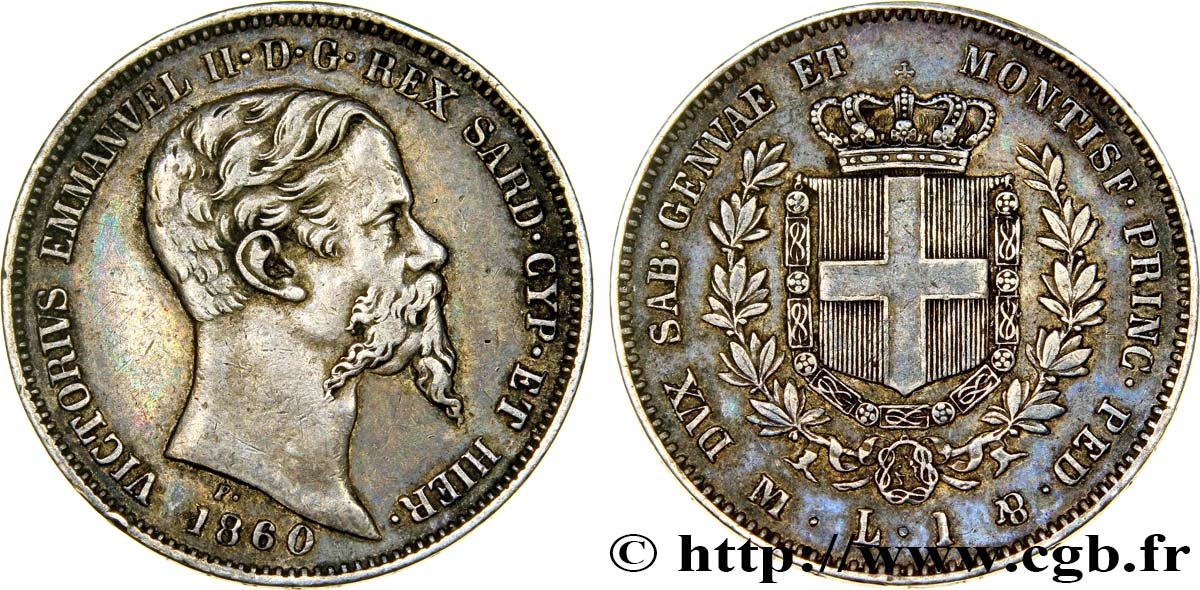 ITALY - KINGDOM OF SARDINIA 1 Lire Victor Emmanuel II 1860 Milan AU 