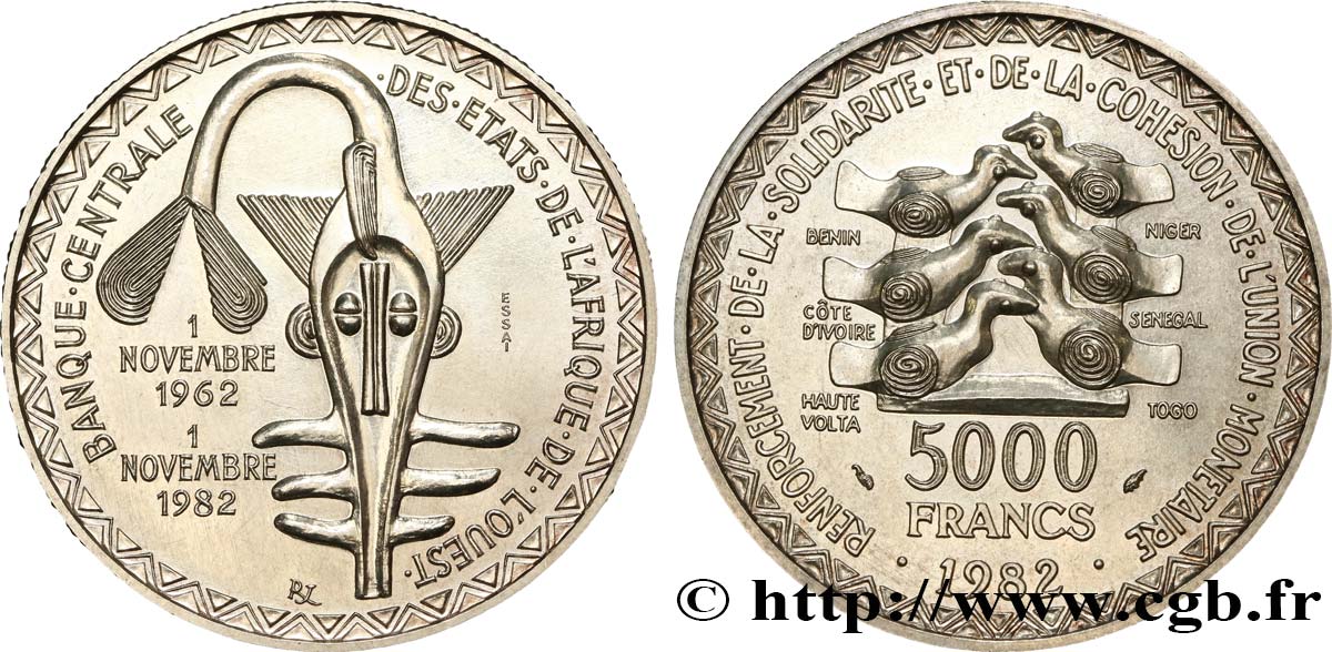 ESTADOS DE ÁFRICA DEL OESTE Essai 5000 Francs masque / oiseau 20e anniversaire de l’Union Monétaire 1982 Paris SC 