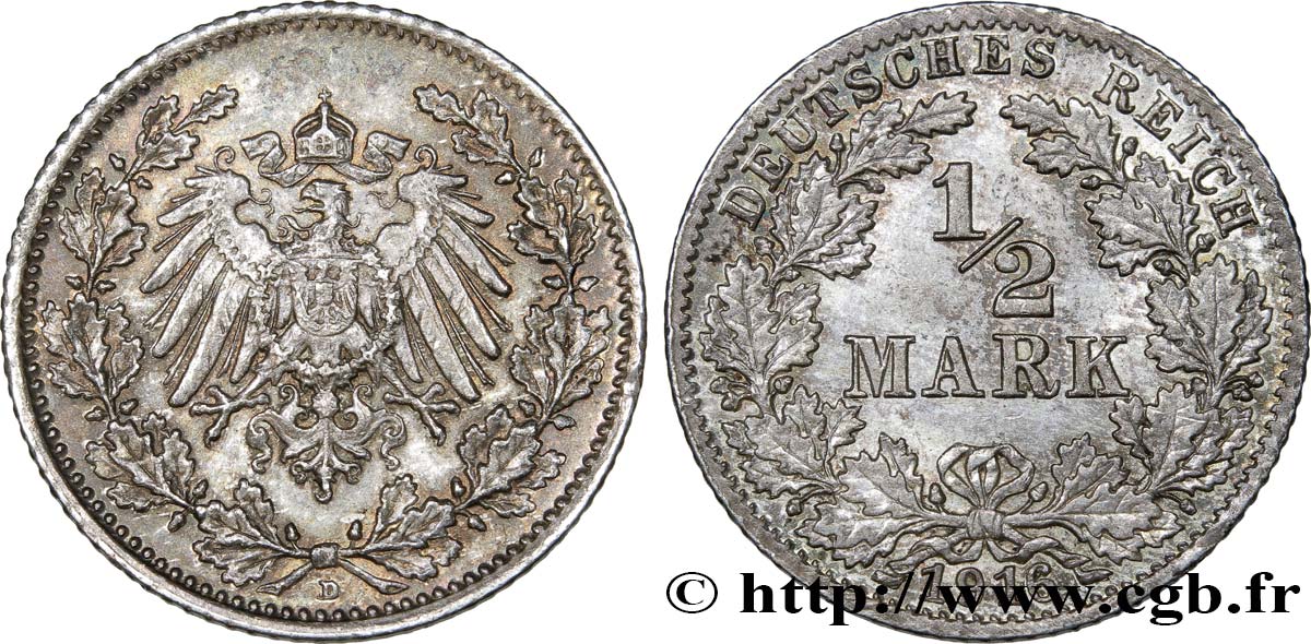 GERMANIA 1/2 Mark Empire aigle impérial 1916 Munich SPL/MS 