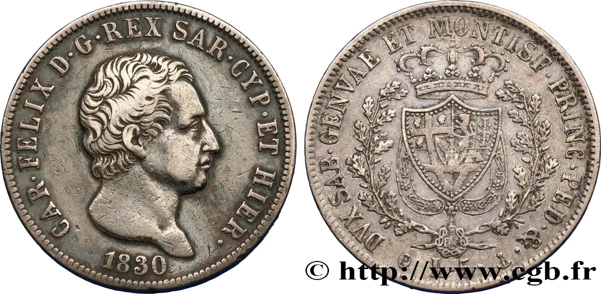 ITALY - KINGDOM OF SARDINIA 5 Lire Charles Félix 1830 Gênes XF 