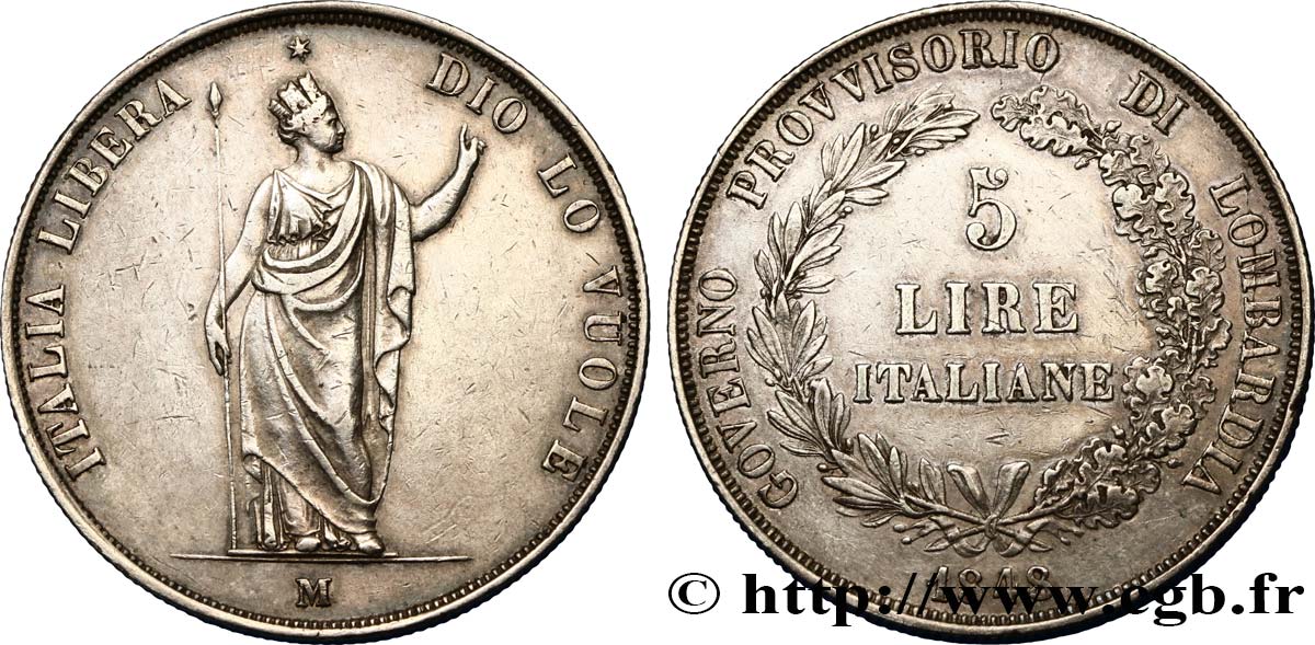 ITALIA - LOMBARDIA 5 Lire Gouvernement provisoire de Lombardie 1848 Milan MBC/MBC+ 
